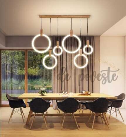 Candelabru Led 160W Wood Circle, LED inclus, 6 surse de iluminare, Lumina: Cald, Natural, Rece, Echi